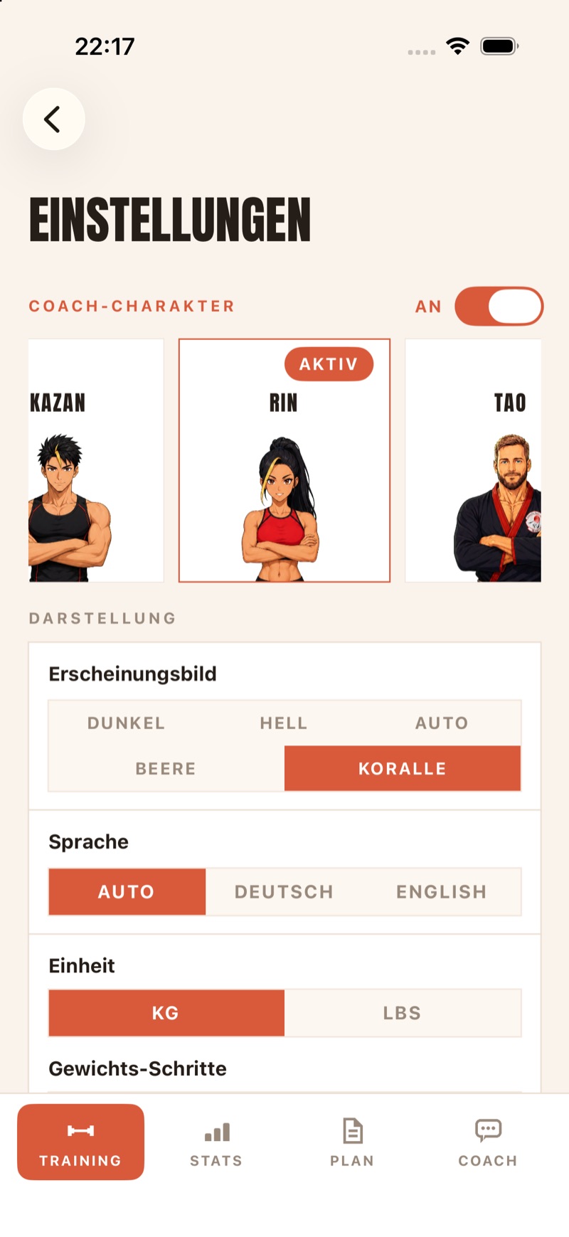 Einstellungen – Coach-Charakter wählen