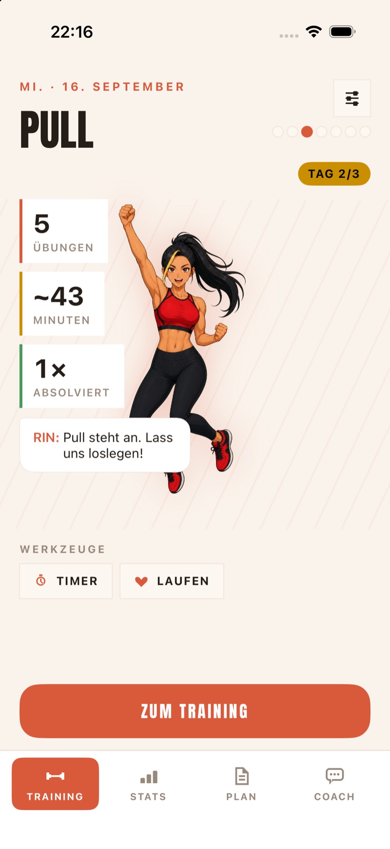 OptiGain – Startbildschirm mit Coach Rin