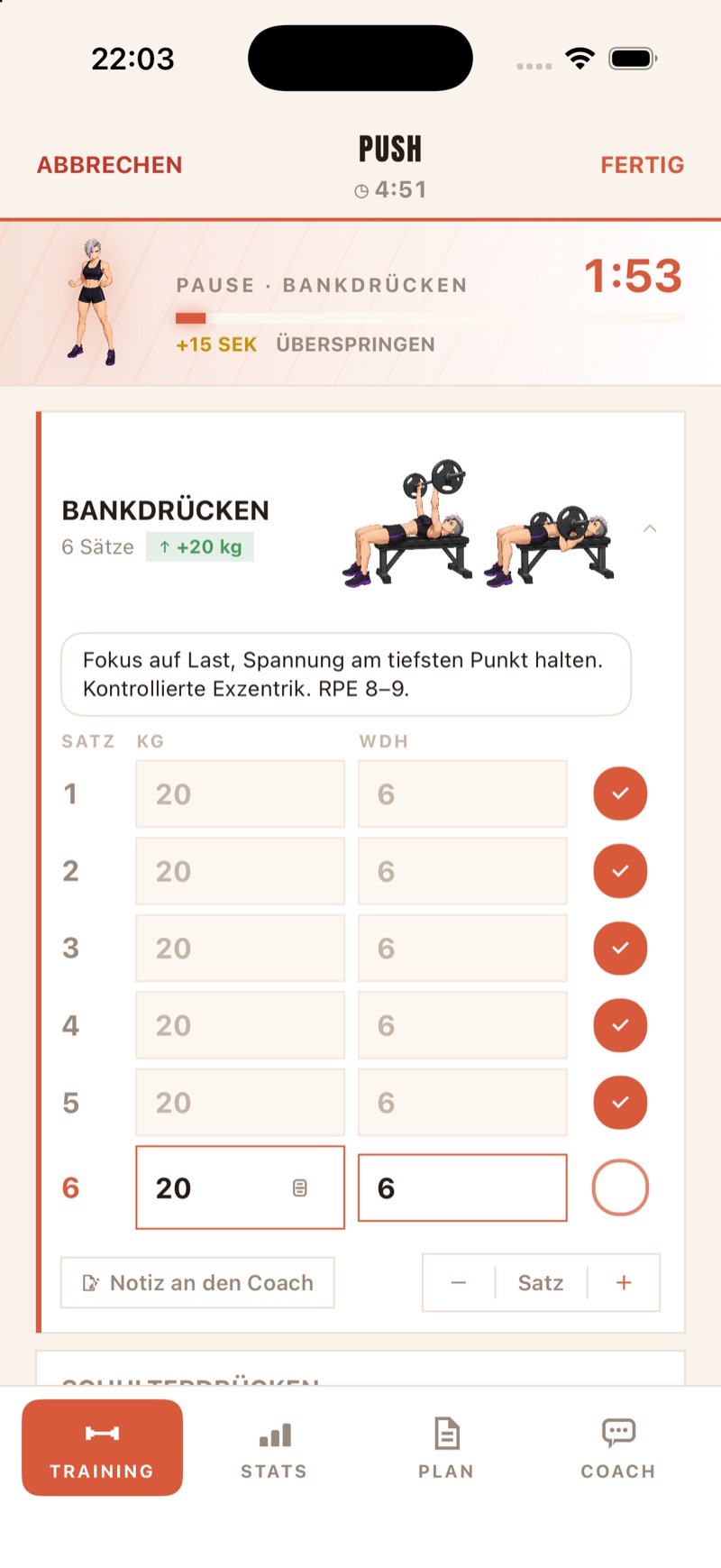 Training – Sätze abhaken, der Pausentimer läuft