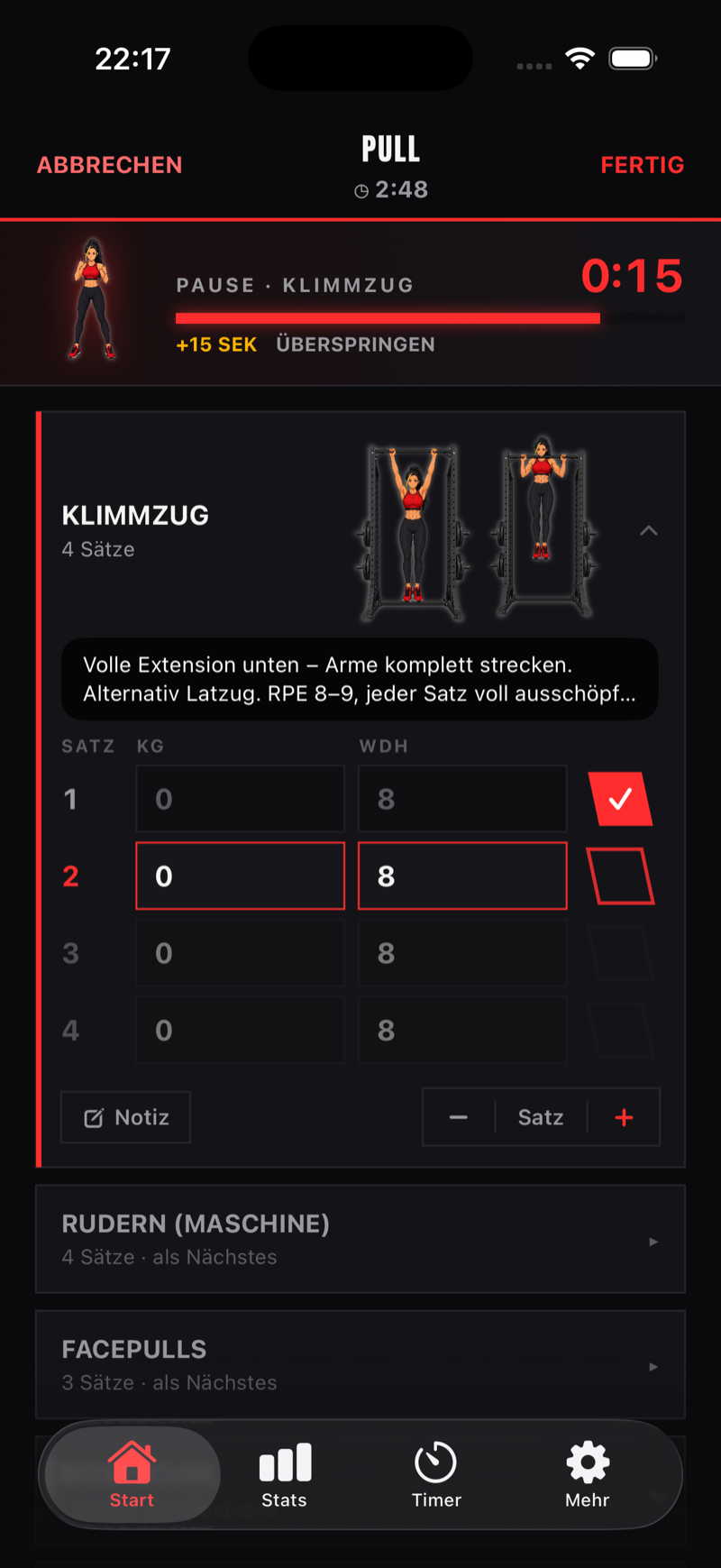 Training – Sätze abhaken mit Pausen-Timer